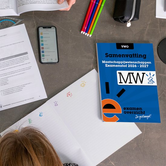 Blauwe samenvatting Maatschappijwetenschappen VWO examenstof 2026-2027 met MW en een oranje e