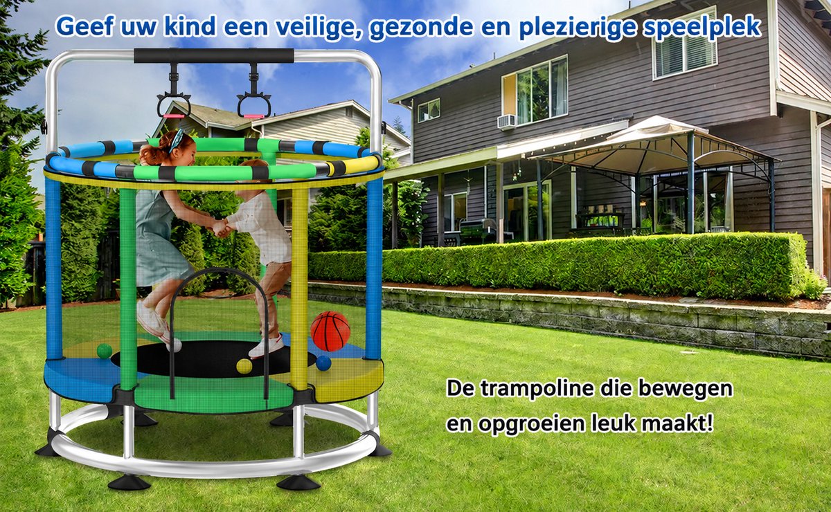 Trampoline Ø150 cm – Multifunctionele Kinder Trampoline met Basketbalring- Ringen en Hangmat – Stalen Frame – Meerkleurig — afbeelding 2