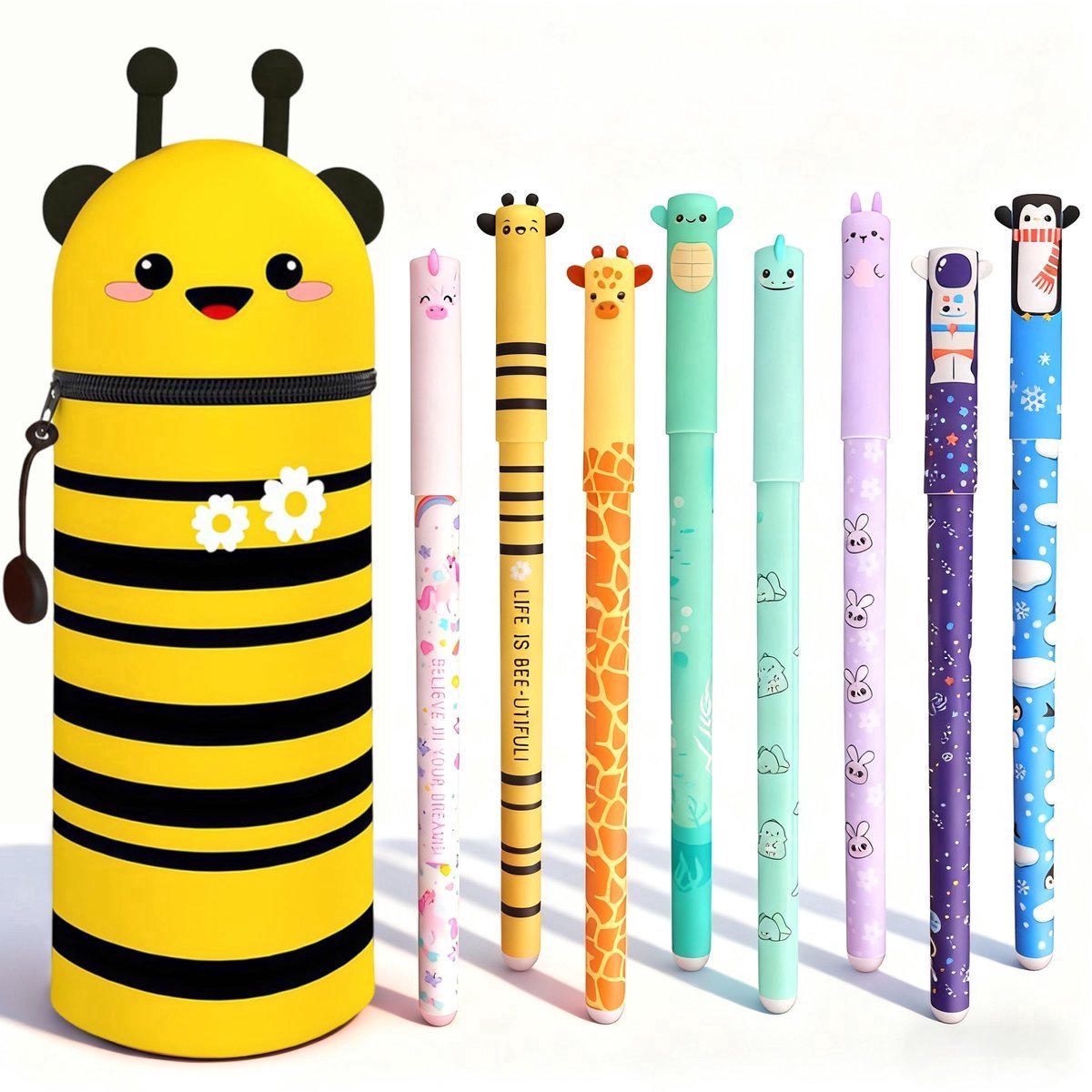 casalora - Uitwisbare pennen 8 kleuren - Gelpennen met siliconen etui - Bij Pennenzak - 0,6 mm Cartoon Patroon Dierenpen voor Schoolspullen van Kinderen of Kantoorbenodigdheden voor Volwassenen - Cadeauset - Niet geschikt voor legami vulling