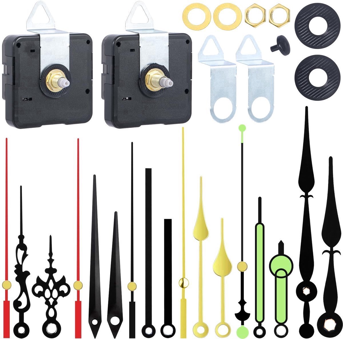 Pakket van 2 klokbewegingen voor wandklok - DIY-bewegingen voor zelfinstallatie - met 6 sets wijzers - 16/23 mm voor wandklokreparatie - Stille klokbewegingset - Quartz uurwerk - vervangende onderdelen - High Torque - los uurwerk