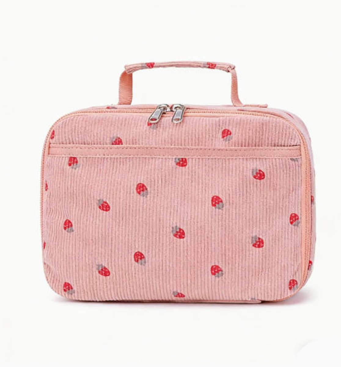 Geïsoleerde lunchtas – gemaakt van corduroy, lekvrij ontwerp, geschikt voor school en op reis-25*18cm，Roze aardbei