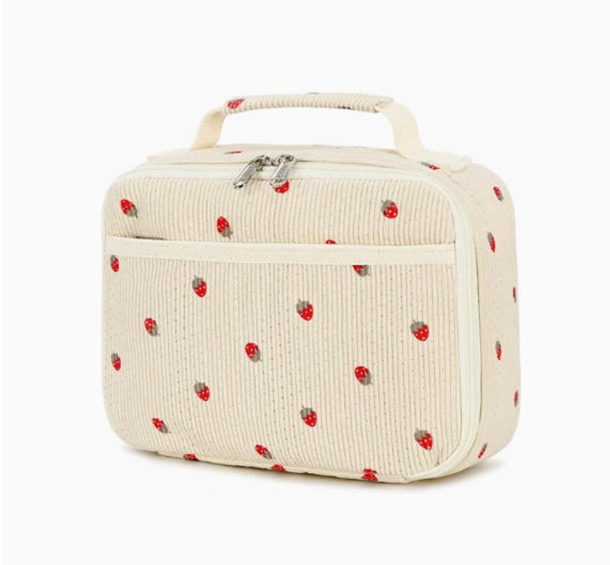Geïsoleerde lunchtas – gemaakt van corduroy, lekvrij ontwerp, geschikt voor school en op reis-25*18cm，Witte aardbei