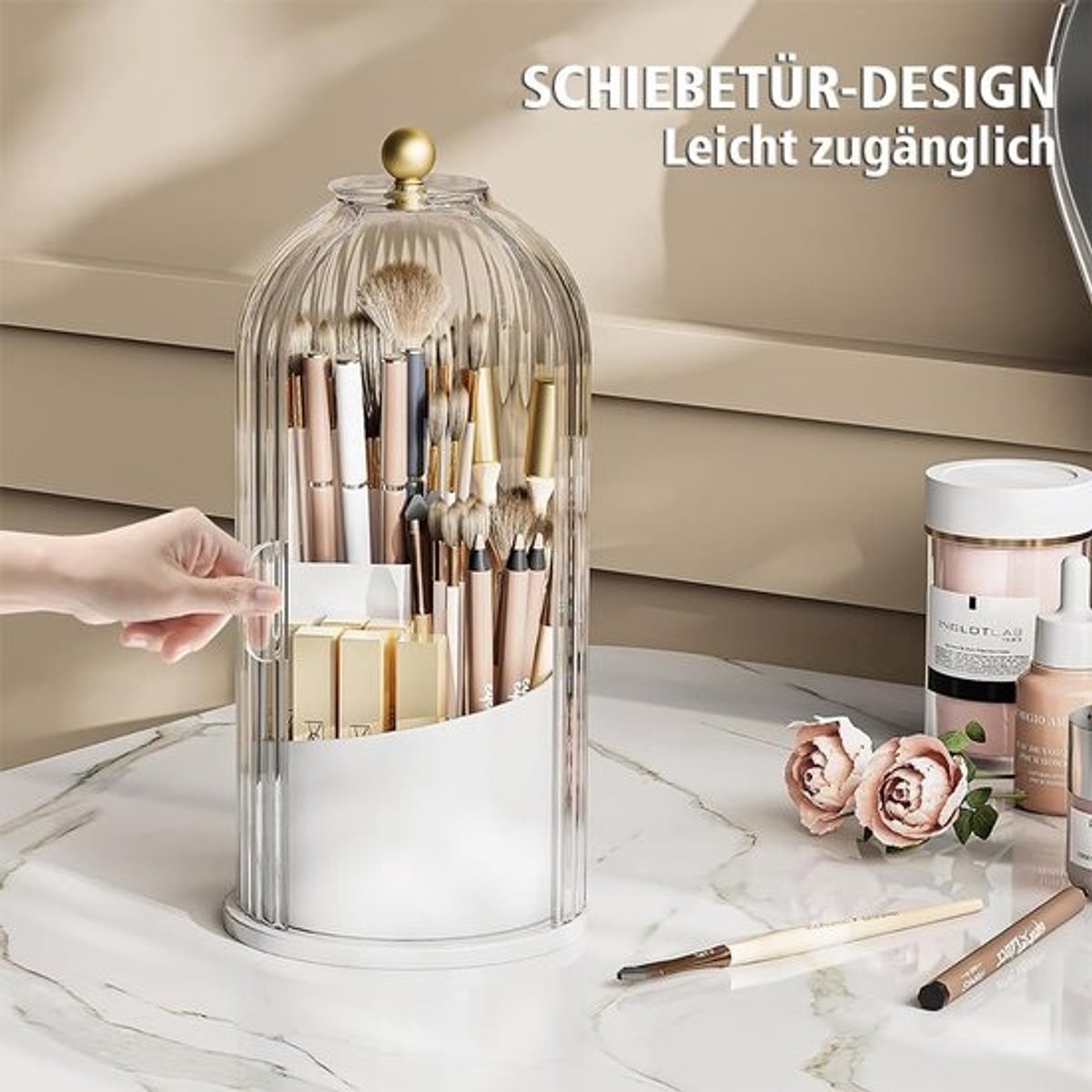 SnelShoppen - FIVAVA Make-upborstelhouder 360 Draaiende Organizer met Transparante Deksel, Stofdichte Make-up Organizer voor Lippenstift, Lipgloss, Ey