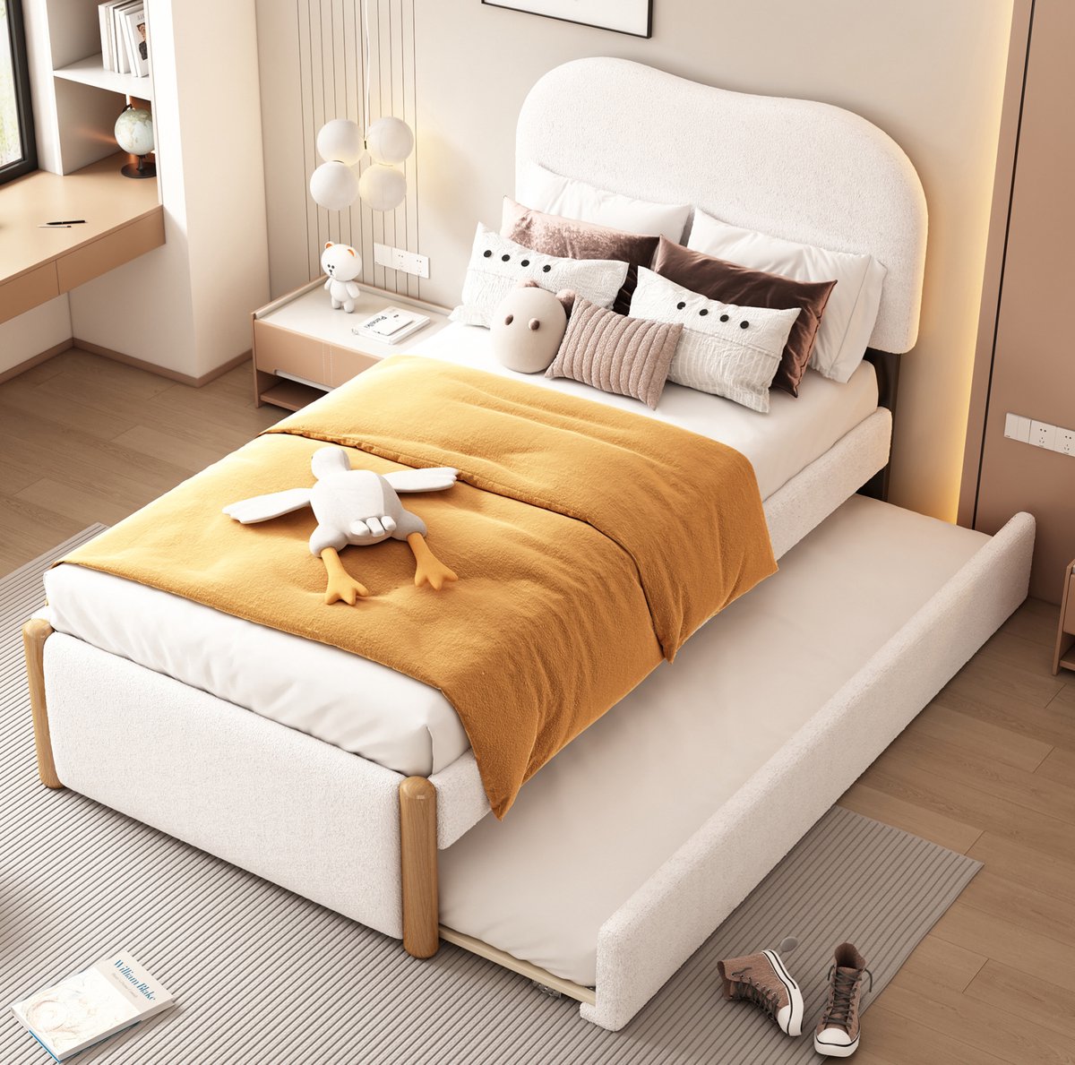 Wishdor Eenpersoonsbed 90x200 cm - Uitrolbed links of rechts - Gestoffeerd met lattenbodem - Modern minimalistisch - Slaapkamer dagelijks gebruik - Stof MDF - Wit