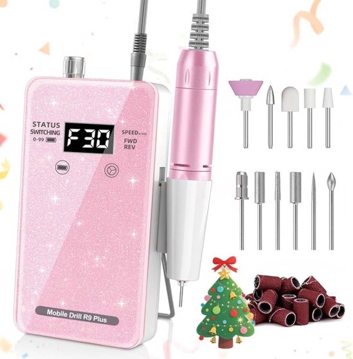 Elektrische Nagelvijl - Nagelboormachine Set - Acryl Gel - 30.000 RPM LCD - Oplaadbaar Draadloos - Roze Glitter