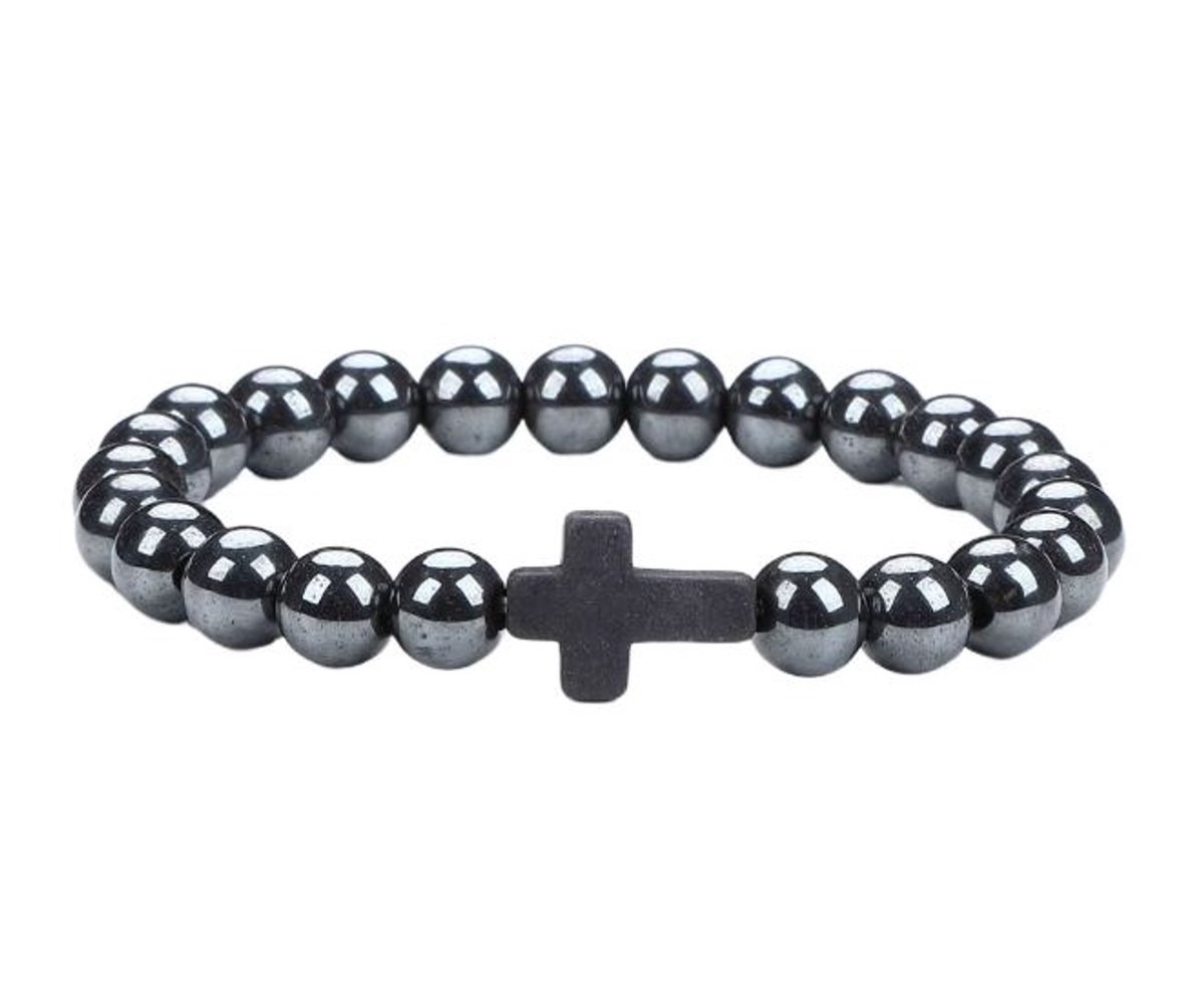 Kruis armband heren - Jezus - Christelijk - bijbel kralen Hematiet staal kleur - 20 cm