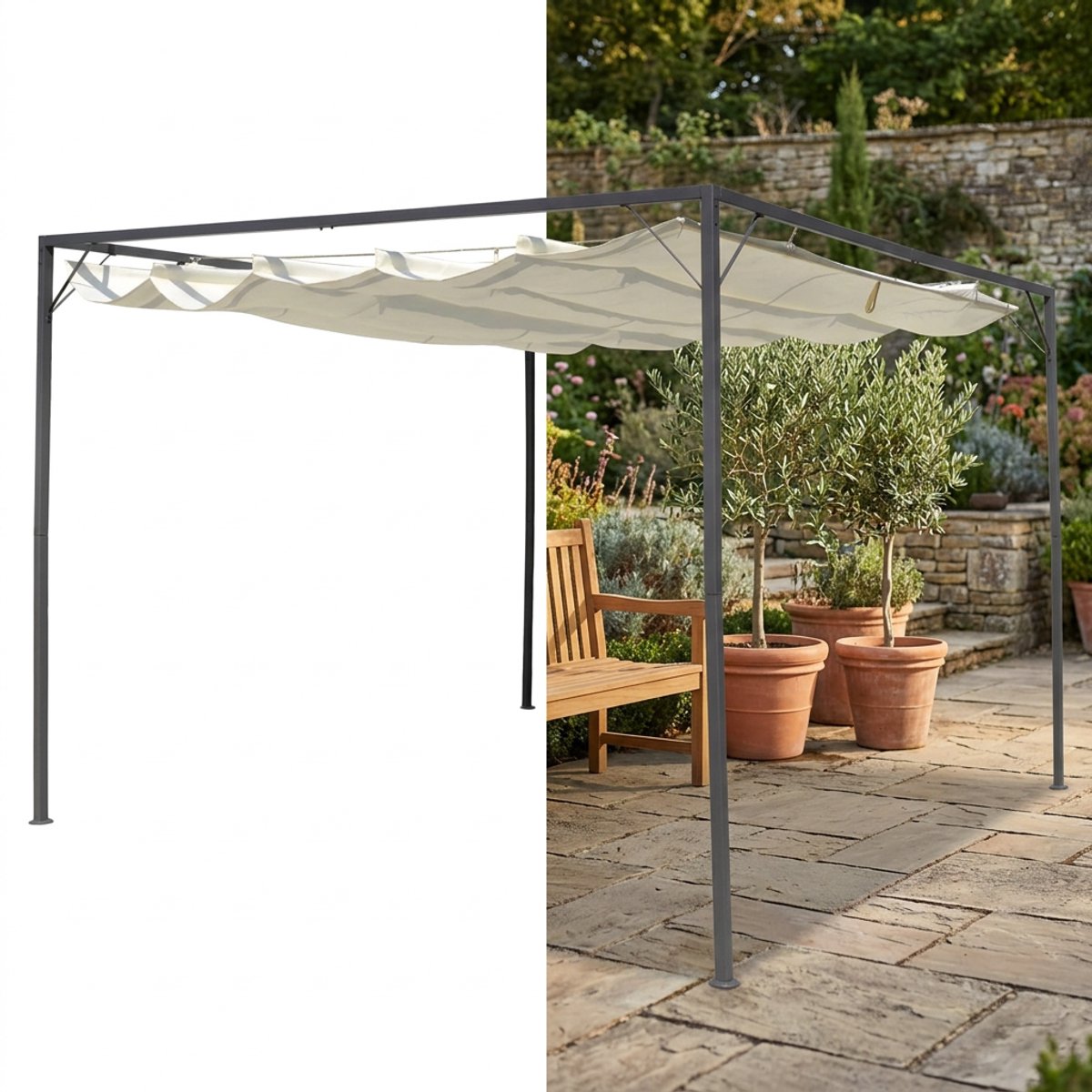 Pergola - 3 x 3 m - Prieel - Paviljoen - Terras - Weerbestendig - Metalen Frame - Met zonwering - Wit