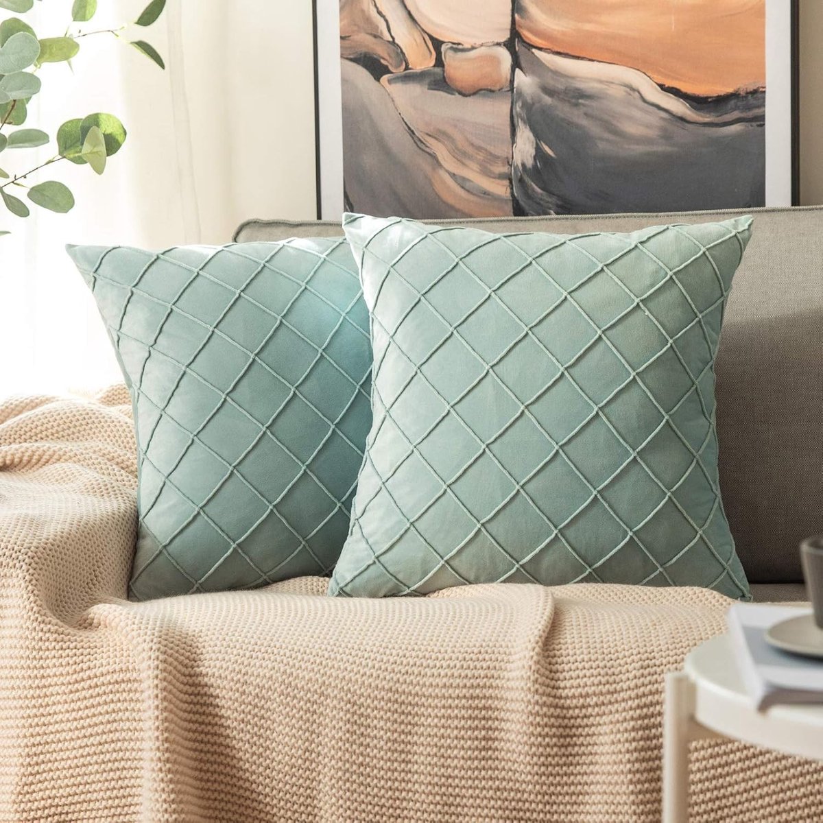 Zachte Groene Kussenhoezen met Ruitpatroon - Decoratieve Kussens voor Bank en Woonkamer, Set van 2, 40 x 40 cm