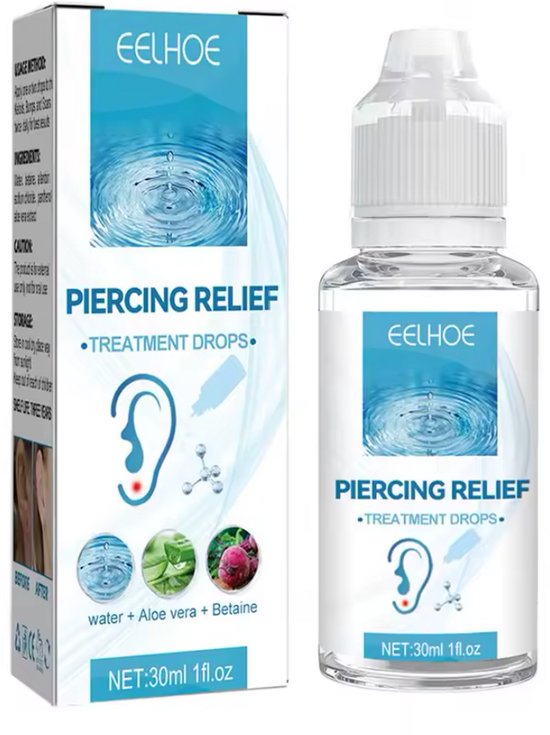 EELHOE Piercing Relief druppels. Bevat water, aloë vera en betaine. Netto 30ml.