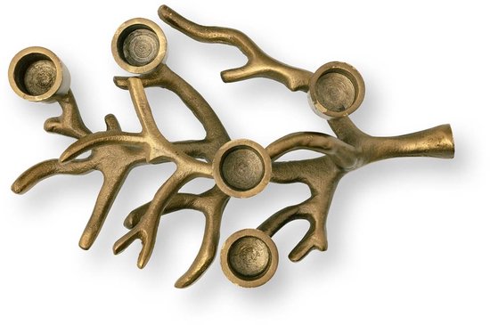 Gouden takkenkandelaar met zes kaarshouders, van bovenaf gezien.