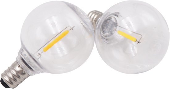 Deux ampoules LED G45 transparentes avec culot E12 et filaments LED jaunes visibles.