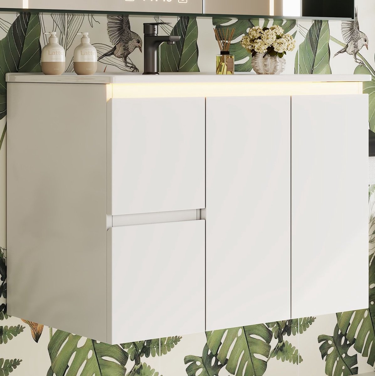 STILVORA Badkamermeubel - Wandhangend Wastafelmeubel Met Led Sensorverlichting En 2 Lades - Keramische Wastafel - MDF - 76x47x57 Cm - Wit