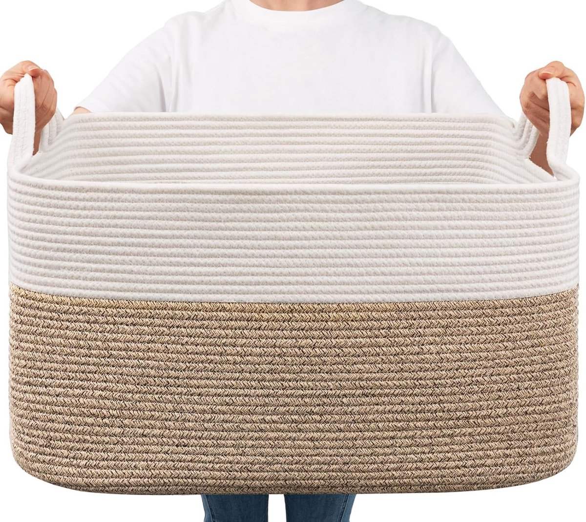 Wasmand, opbergmand, opvouwbare wasmand, opbergmand voor babyspeelgoed, vierkante wasmanden, mandopslag voor dekens, kussens, gastendoekmand, 65 l, wit en bruin