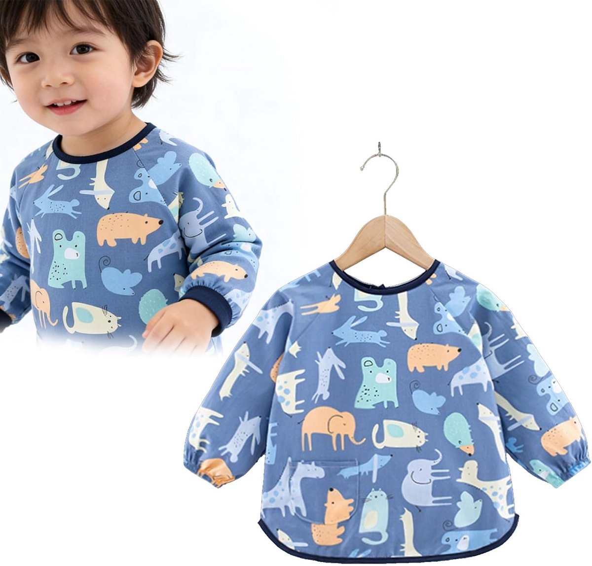 Schort voor kinderen, 2-8 jaar, kinderschort, waterdicht, schort voor kinderen, met zakken met lange mouwen, voor schilderen in de keuken van de kunstschool (blauwe strip)