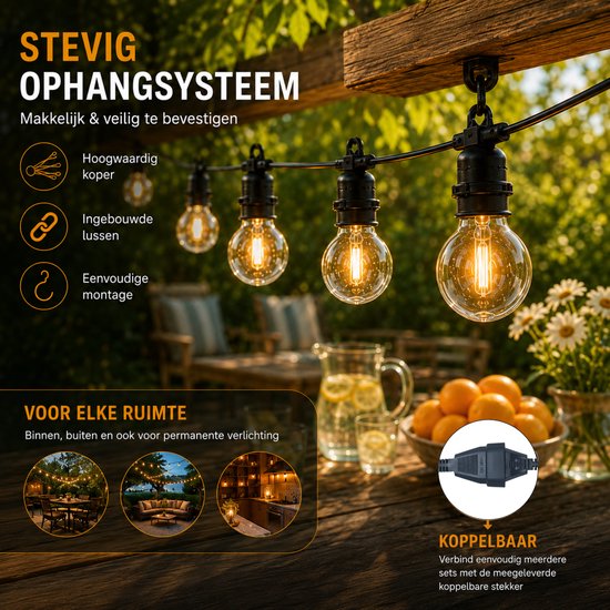 Lichtsnoer aan een houten balk met een stevig ophangsysteem, koppelbaar.