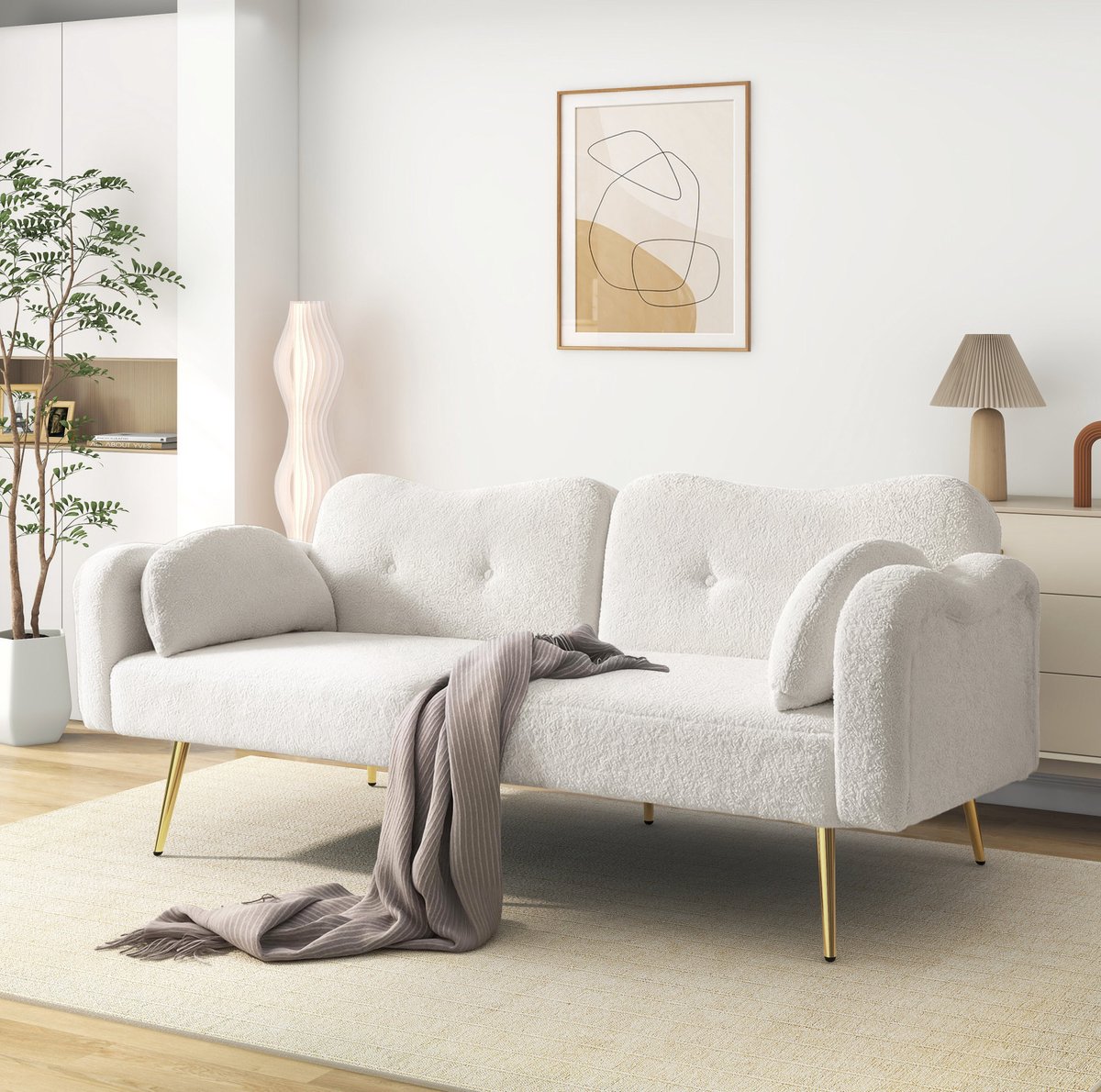 MIVRAY Slaapbank 175 x 79 x 82 cm - Verstelbare Rugleuning Met Slaapfunctie - Voor Woonkamer En Logeerkamer - Teddy Stof Wit