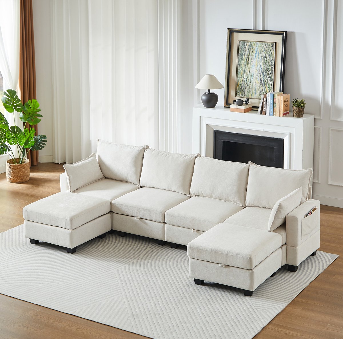 MIVRAY U-bank 289,6 x 87,6 cm - Modulaire Slaapbank Met Opbergruimte - Voor Woonkamer En Gasten - Chenille Beige - 6-Zits