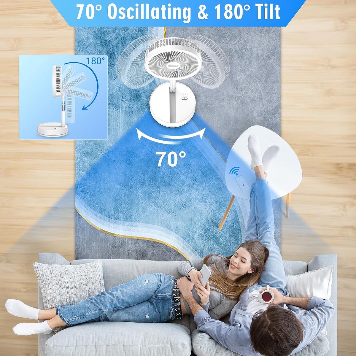 KZQ Oplaadbare Opvouwbare Oscillerende Ventilator 8 6 Inch Met 8000 Mah Batterij Usb C En Afstandsbediening Stil Tafel En Staand Model Voor Slaapkamer Kantoor Kamperen En Reizen Wit thumbnail 2