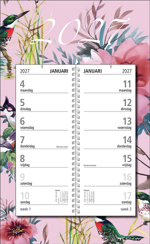 Omlegweekkalender 2027 met vogels en bloemen op een roze achtergrond. Week begint op maandag.
