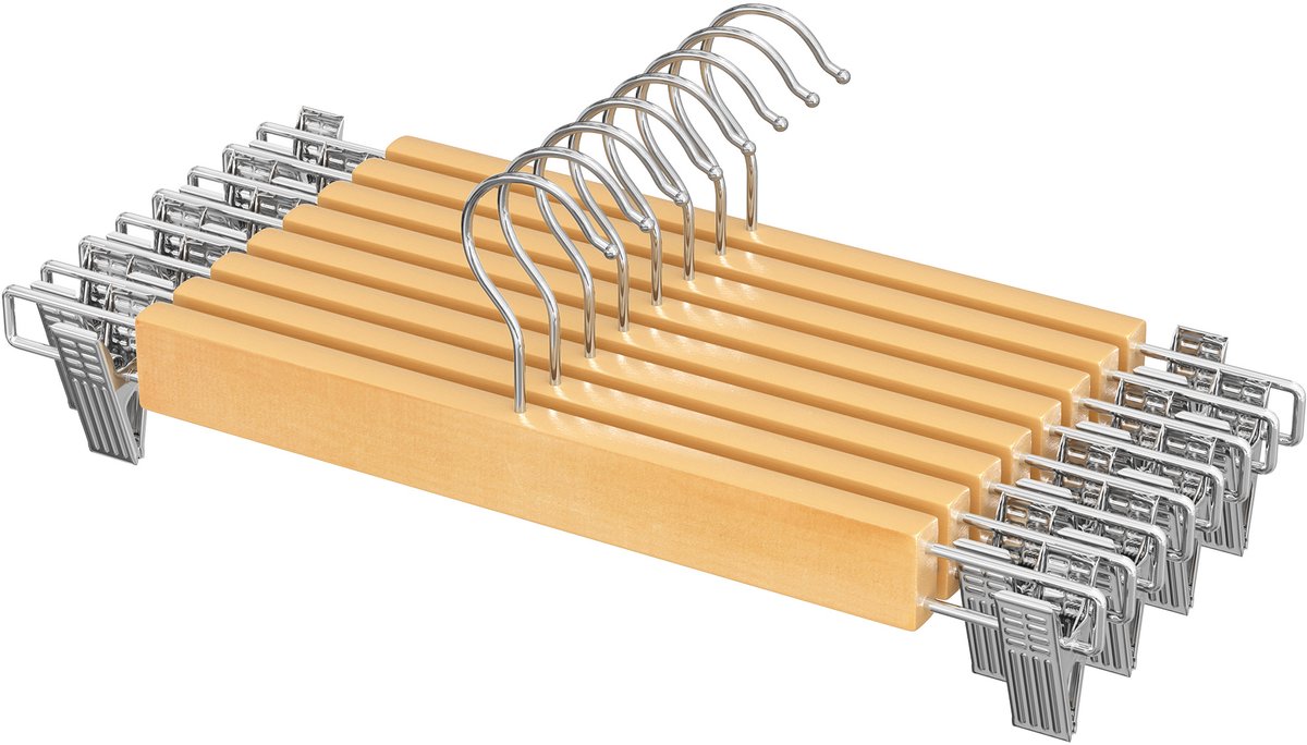 SONGMICS - Kledinghangers - Broekhanger Set van 8 - Houten Rokhanger met Verstelbare Clips - Anti-Slip