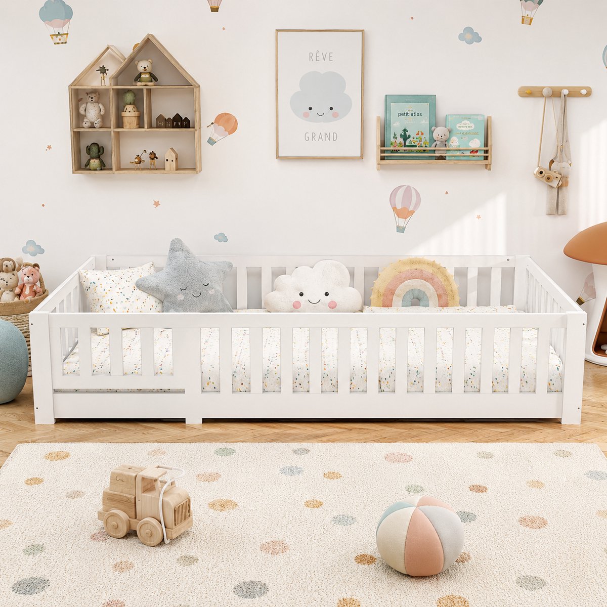 MEXUS Montessori vloerbed, 120x200 cm, unisex, met veiligheidshekjes, massief grenenhout, eenpersoons kinderbedframe, Wit