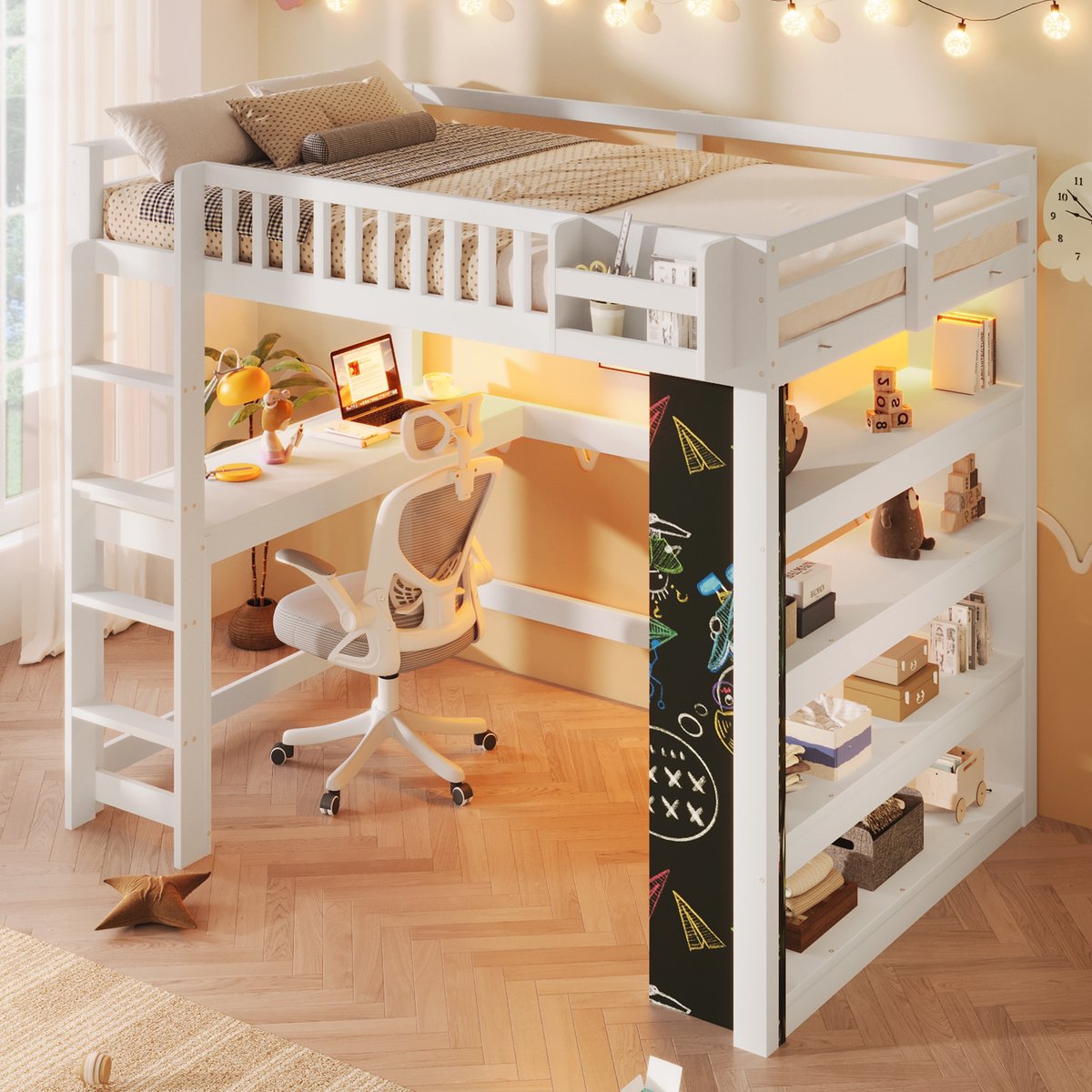 Merax Hoogslaper 140x200 cm - met schoolbord - bureau - boekenplank - opbergvakjes en LED-verlichting - zonder matras - wit