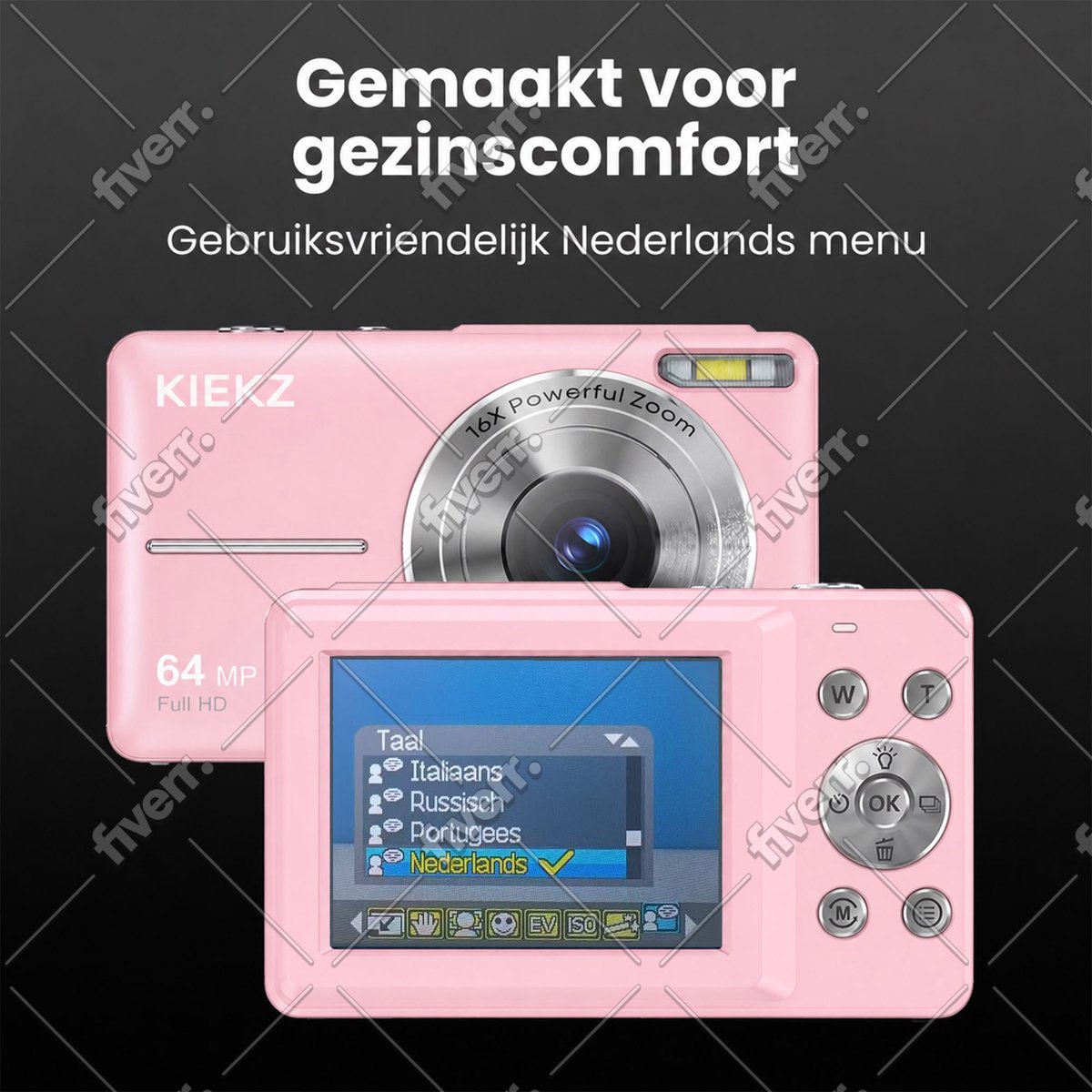 Kiekz Digitale Camera 64MP - Fotocamera Full HD - Mini Camera - Compact Camera - Fototoestel - Autofocus - Ideaal voor Kinderen en Beginners - Inclusief 32GB SD Kaart - Roze thumbnail 8