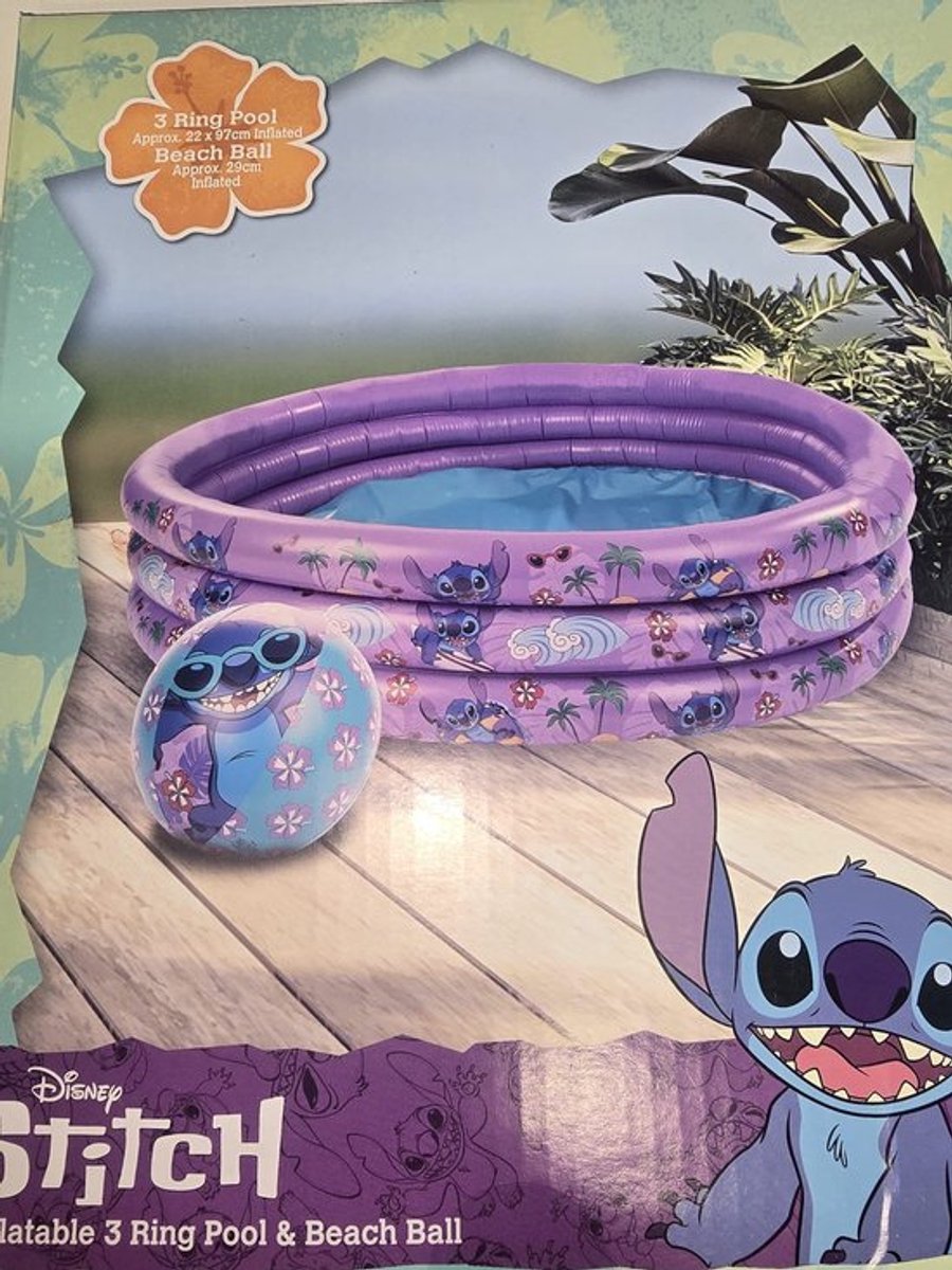 Stitch Zwembad, 97 x 22 cm - Paars - Opblaasbaar zwembad met strandbal - 3 rings - Lilo en Stitch - Kinderbad - Vanaf 3-6 Jaar