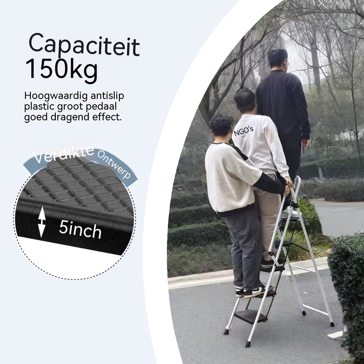 Witte trapladder - Opvouwbare ladder - Keukentrap-Huishoudtrap – Brede treden – Anti-slip – Veiligheidsbeugel - Staal - Keuken - 4 treden- Inklapbaar-Wit – foto 3