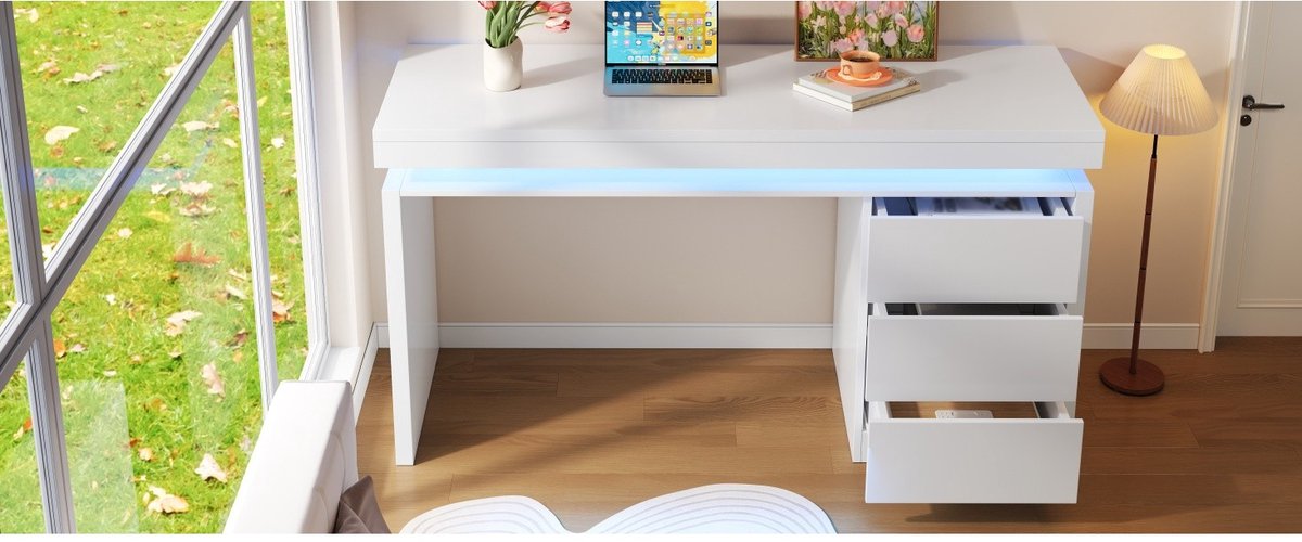 YYchan monitorverhoger - wit - 120 x 50 x 78,5 cm - met lade - met LED