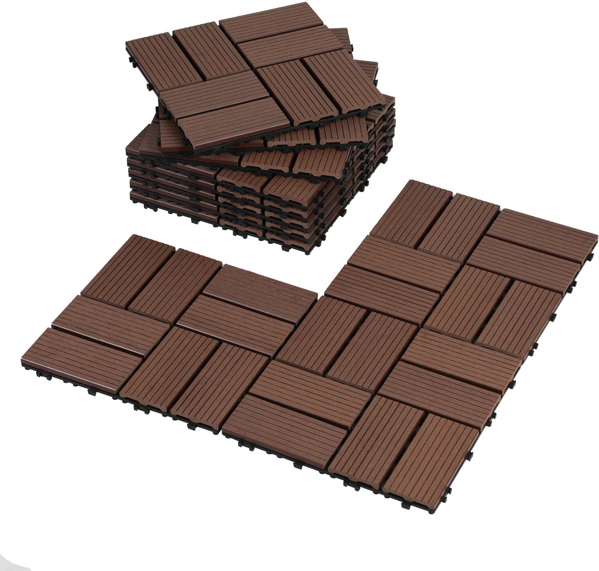 Terrastegels, 55 stuks, kliktegels met houtlook, WPC-tegel, 30 x 30 cm, Bruin