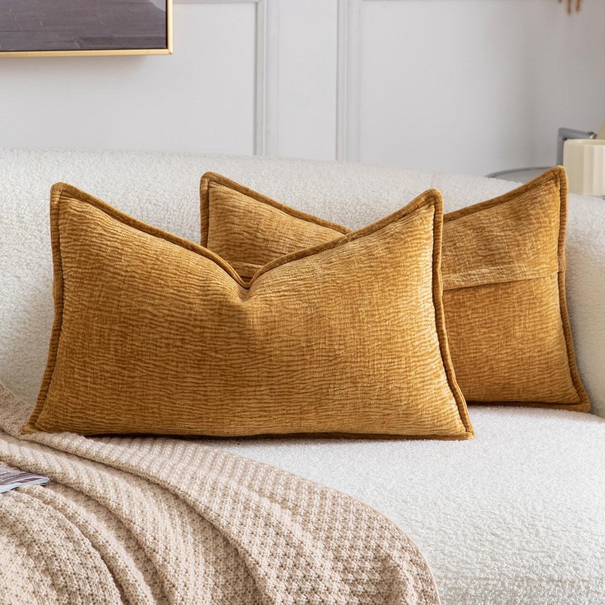 Kussenhoezen van zachte chenille, effen textuur, geschikt voor bank, sofa, slaapkamer en woonkamerr 30x50 cm Mosterdgeel