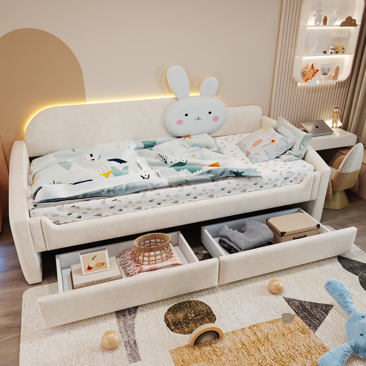 FloraGrace Slaapbank 90x200 cm - Met LED-Verlichting en 2 Lades - Kindersofa-Bed met Konijnkussen - Stof - Zonder Matras - Beige
