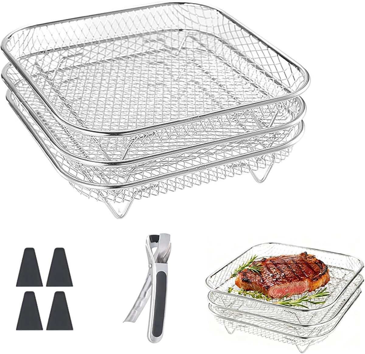 3 stuks stapelbare manden voor airfryer manden voor heteluchtfriteuse roestvrij staal heteluchtfriteuse rooster diameter 20 cm met siliconen voetjes en anti-verbrandingsclips voor bakken