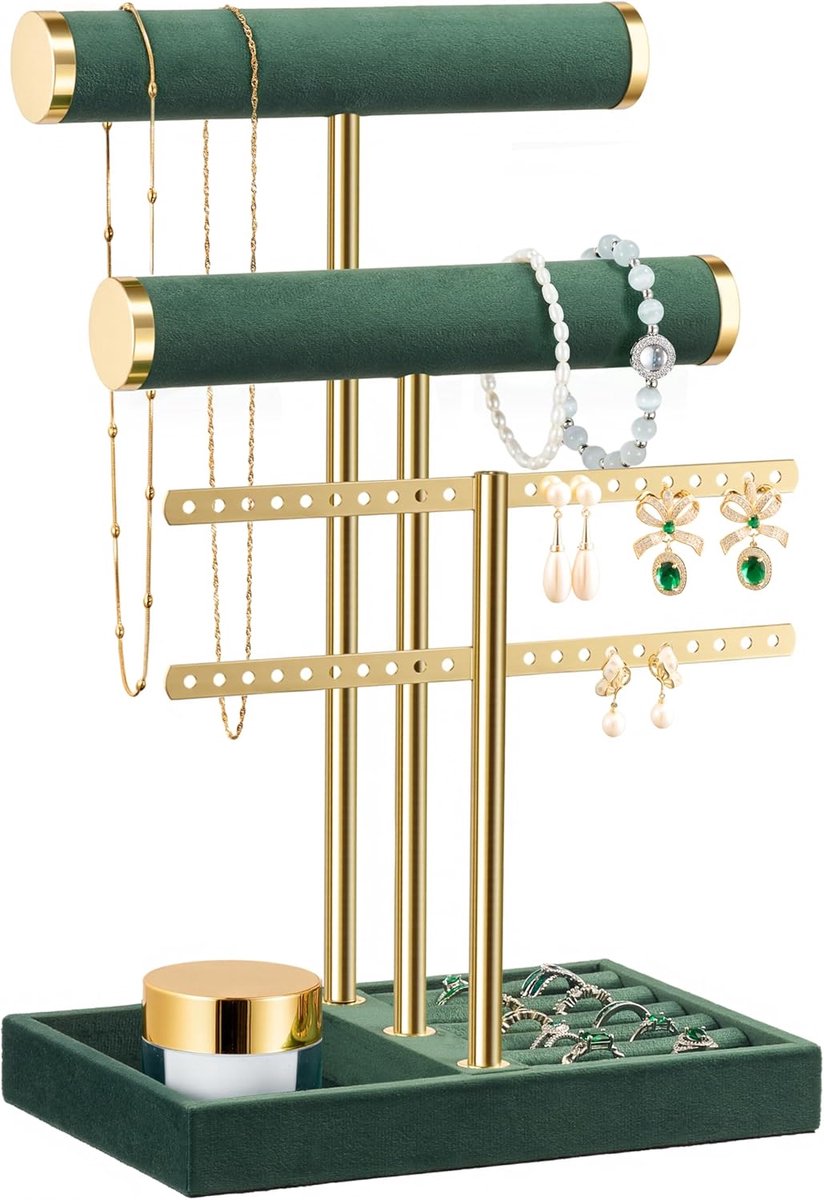 Sieraden organizer met 3 niveaus, Groen sieradenstandaard, armbanden, afneembare T-brug, fluwelen armbandhouder, sieradenhouder voor armband, halsketting, horloges, ringen