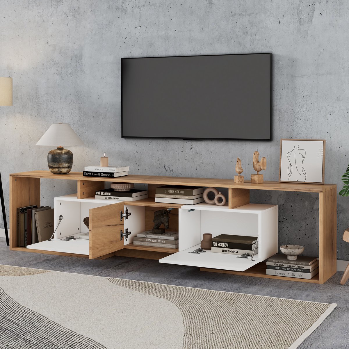 Tv meubel 180x30x49 cm - lage kast met 2 kleppen - 3 open opbergvakken - wit en houtkleur - geschikt voor woonkamer en eetkamer -