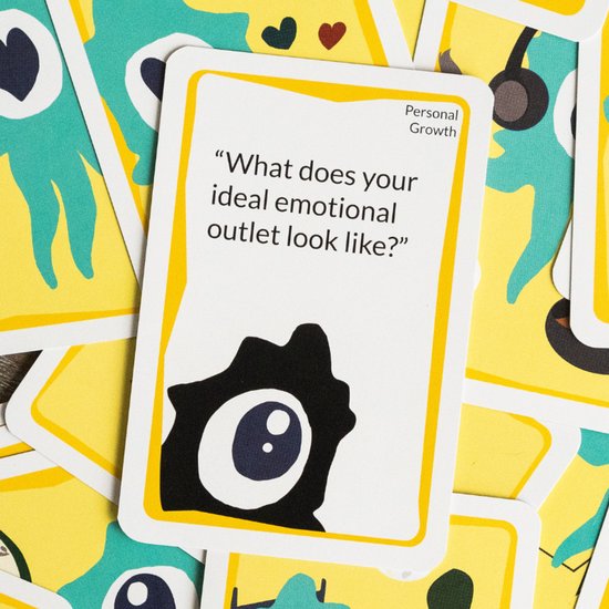 Kaart met de tekst 'What does your ideal emotional outlet look like?' en een zwart monster-icoon, omringd door kaarten met patronen.