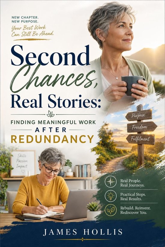 Boekomslag met tekst 'Second Chances, Real Stories: Finding Meaningful Work After Redundancy'. Een vrouw kijkt omhoog, een andere vrouw zit aan een bureau. Tekst rechtsonder: 'Purpose, Freedom, Fulfilment'.