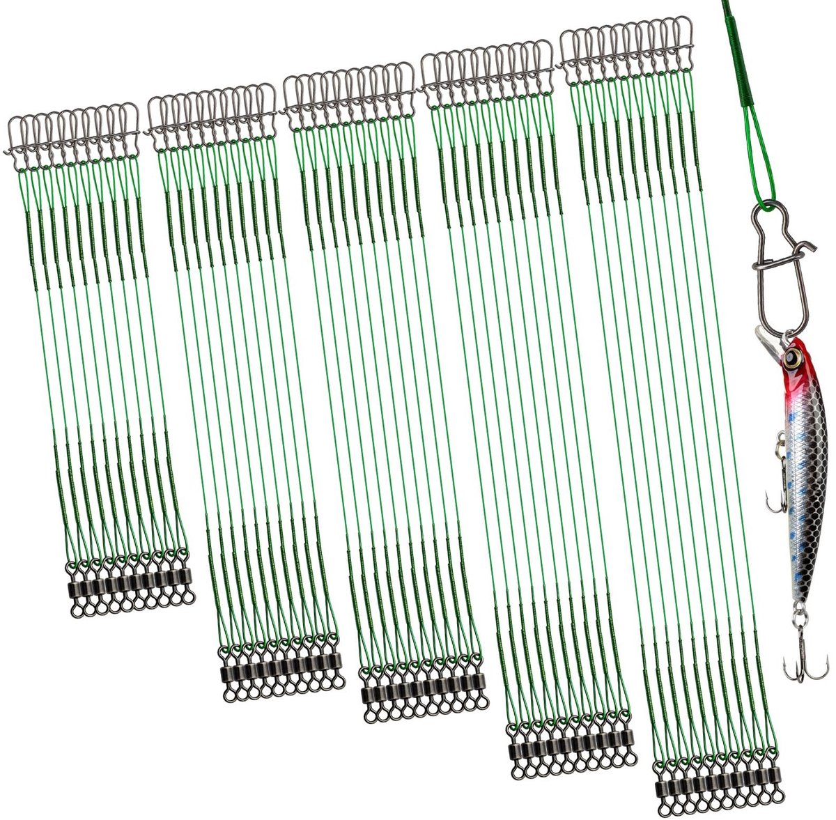 Dailygoods - DONQL 50 stuks stalen voorvakken, voor snoekvissen, set met wervels en karabijnhaak, 5 maten voorvak, 10/15/20/25/30 cm, roestvrij staal, visaccessoires, bijtbestendige stalen voorvakken voor zout
