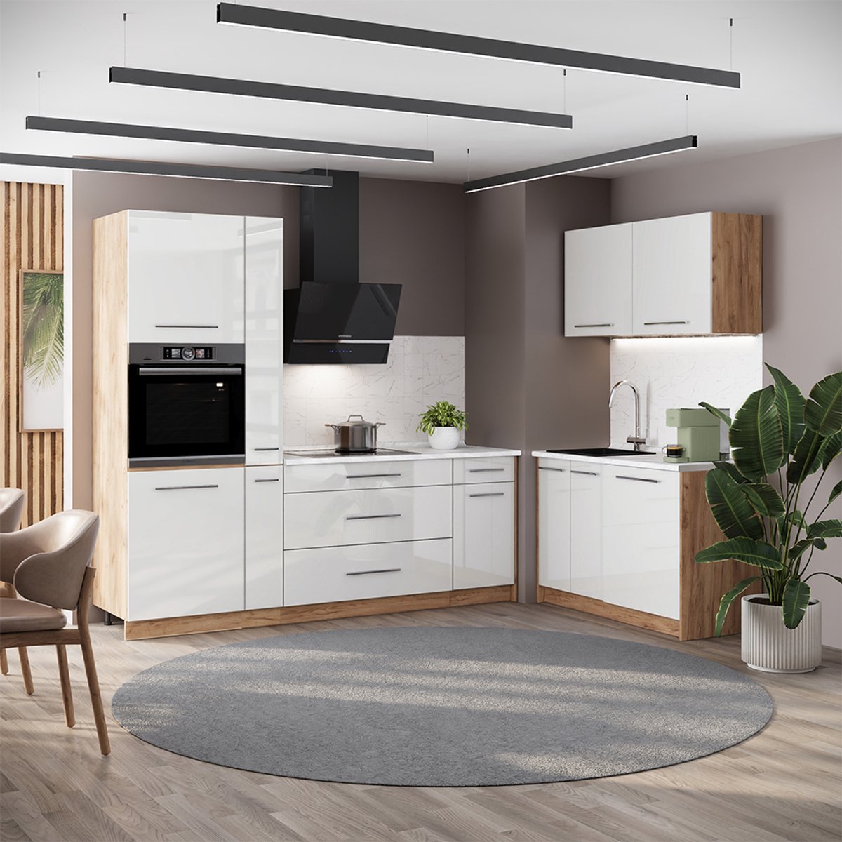 Vicco Keuken Fame-Line, Wit Hoogglans/Goudkleurig Eiken, 220 x 120 cm, WB Eik