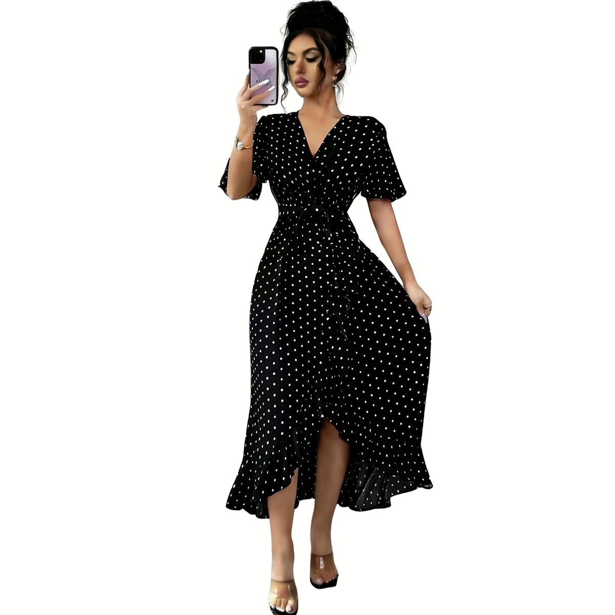 Currero Jurk Met Polkadots Stippen Zomerjurk Dames Zomerjurken Midi Jurk Volwassenen Ibiza Stijl Sundress Dress L Zwart