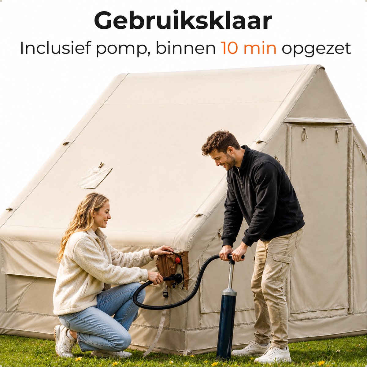 Lenx Opblaasbare Tent 2 tot 4 Personen - 300x210x200 cm - Air Tent - Glamping Tent - Waterdicht - Beige - Inclusief Grondzeil 4x5 m - 420d Oxford Stof – foto 3