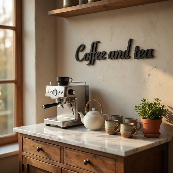 Décoration murale noire 'Coffee and tea' au-dessus d'un comptoir avec une machine à expresso et une théière.