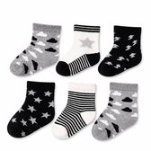 6-pack Baby Sokken Jongens (0-6 maanden) – Stoere Dreumes Sokken met Ster, Wolk & Bliksem Print – Comfortabele Babysokjes – Zachte Katoenmix