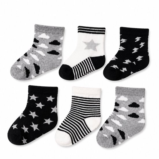 6-pack Baby Sokken Jongens (0-6 maanden) – Stoere Dreumes Sokken met Ster, Wolk & Bliksem Print – Comfortabele Babysokjes – Zachte Katoenmix