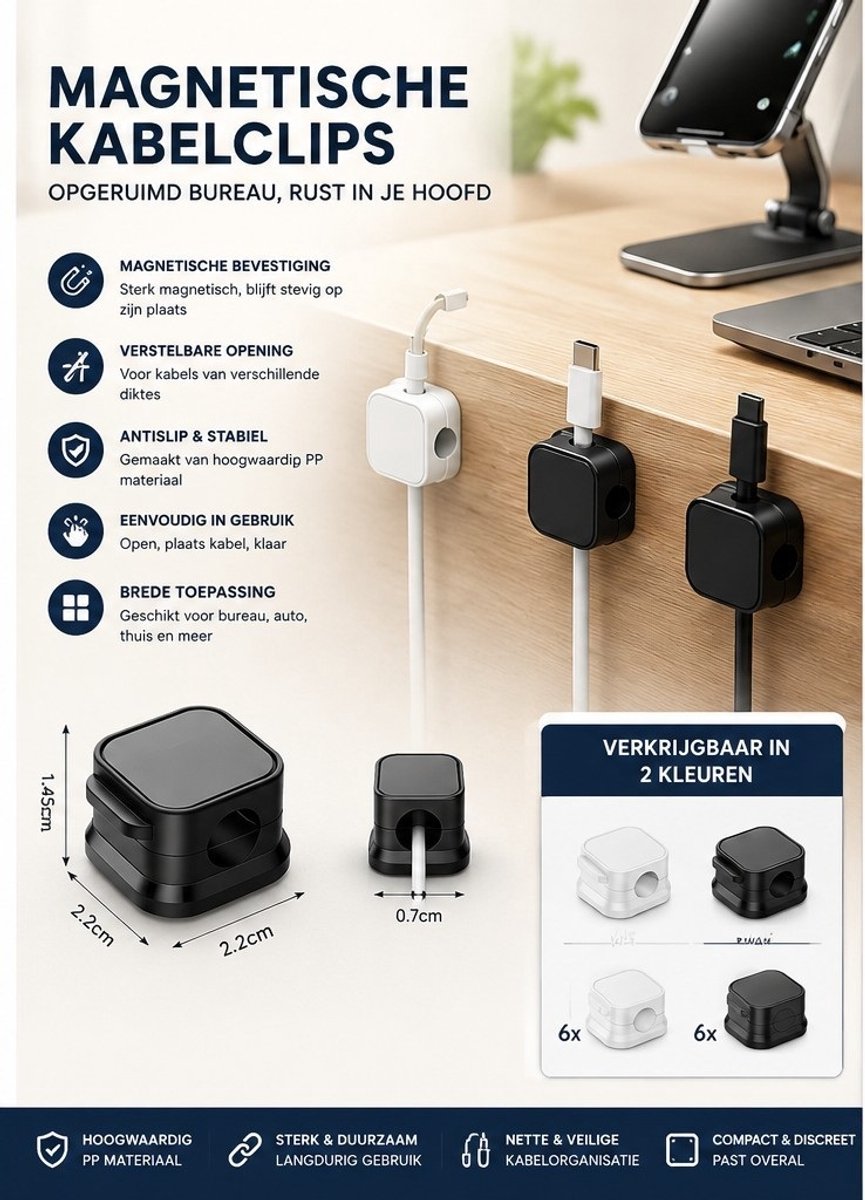 K&R Magnetische Kabelclips - Kabelorganizer - Zelfklevende Kabelhouder - Magnetisch - Voor Bureau, Auto & Thuis - Zwart - 6 stuks