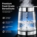 Glazen waterkoker met borrelend water en een gloeiende oranje verwarmingsbodem. In de linkerhoek een icoon met 'Gezond drinkwater'. Roestvrijstalen accenten en zwarte handgreep.