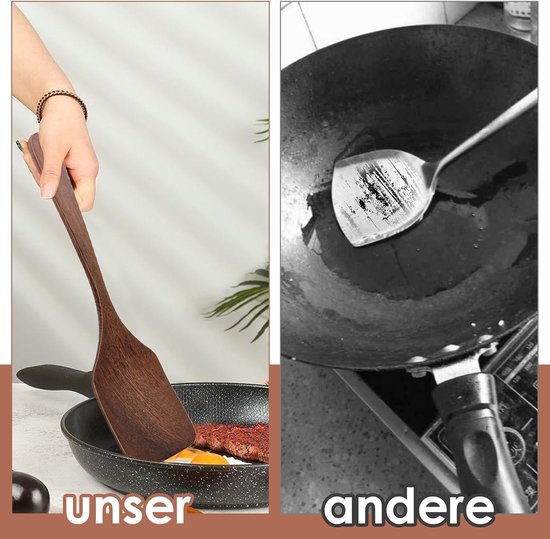 Spatels voor koken, keukenspatel van hout, houten spatel, keuken met nerf, lange handgreep, antiaanbaklaag, houten spatel voor wok, pan met antiaanbaklaag — afbeelding 4