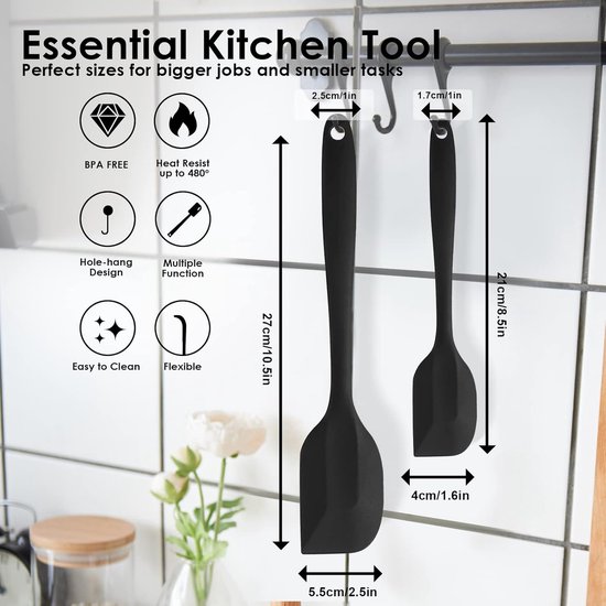 spatel set 2 stuks hittebestendige rubberen spatel voor non-stick kookgerei BPA-vrij (Zwart) — afbeelding 3