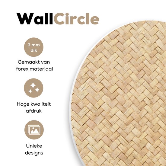 Décoration murale ronde avec un imprimé rotin tressé, '3 mm d'épaisseur' et 'Fabriqué en matériau forex'.